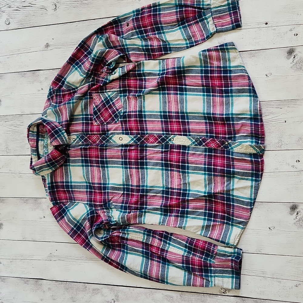 Arizona Large Pink, white and Blue Plaid button down top